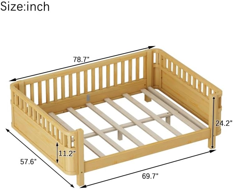 JIJIWANG Montessori Floor Bed with Slats, Low Profile Full Bed Frame for Kids, for Kids Bedroom, Girls & Boys, No Box Spring Needed, Natural