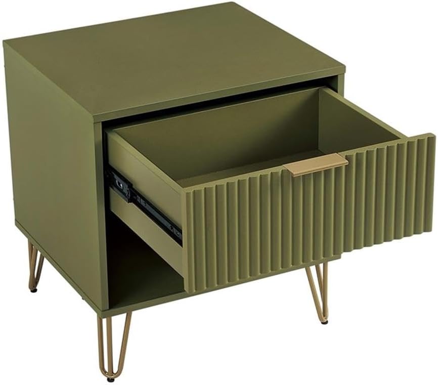 Pemberly Row 2-Piece MDF Bedroom Dresser Set, Olive Green Finish, Includes 3-Drawer Dresser and 1.0 Nightstand, Ribbed Drawer Fronts, Gold Metal Handles and Legs, Modern Glam Storage for Bedroom