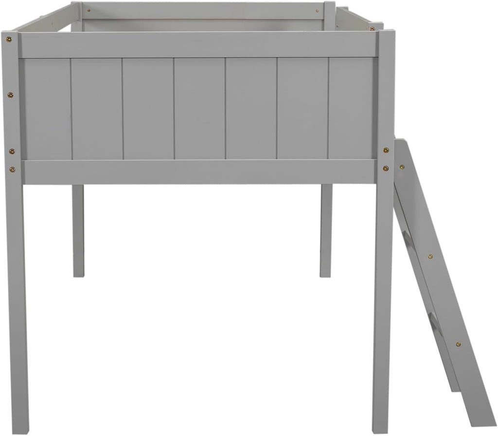 Twin Size Loft Bed, Wood Low Loft Bed with Convertible Ladder, Ladder can be Placed on the Left or Right, Safety Guardrails, Wood Slats Support, No Box Spring Required (Gray & Convertible Ladder)