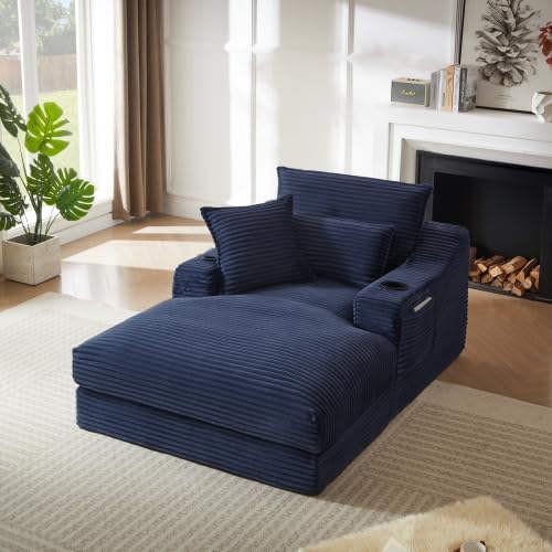HRVEOCEI 47.2' Oversized Chaise Lounge Chair Indoor, Corduroy Boneless Chaise Lounge with 2 Pillows, Comfy Reading Chair with Ottoman, Black Sleeper Chairs for Adults Living Room Bedroom (Blue 47.2)