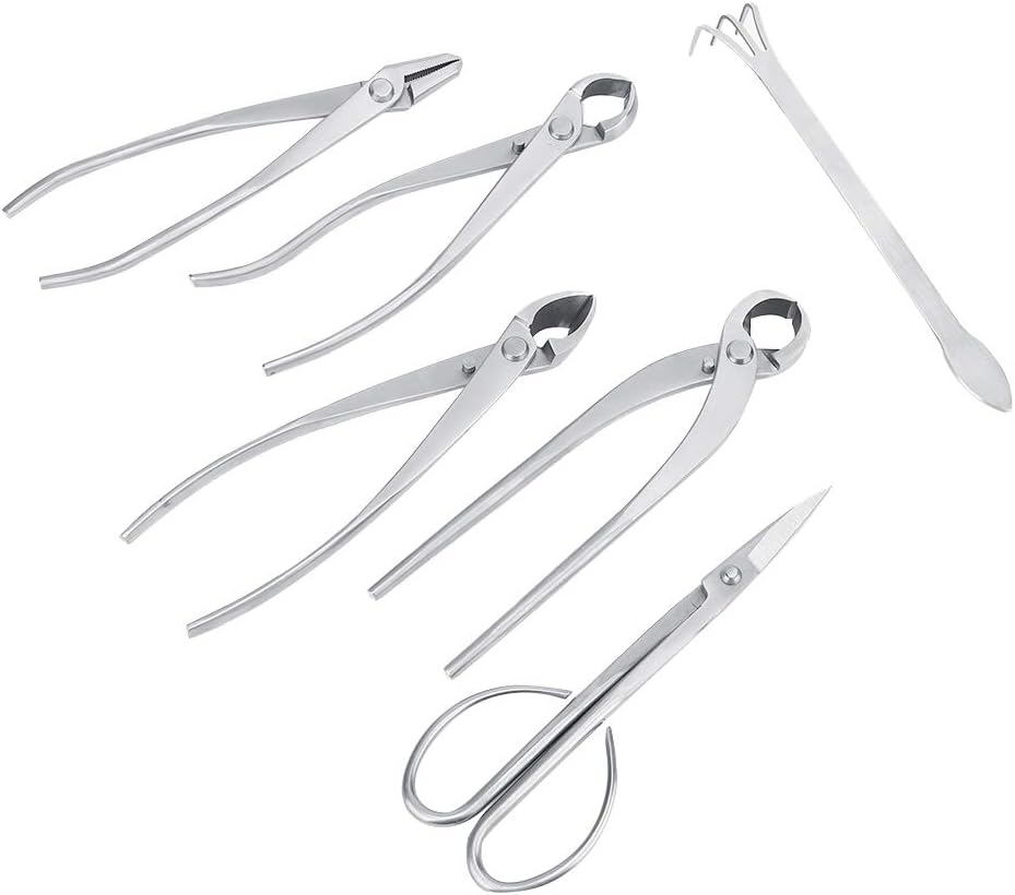 6X Bonsai tools, gardening plant and tree pruning tools, including concave shears, ball shears, trunk splitters and bonsai scissors.