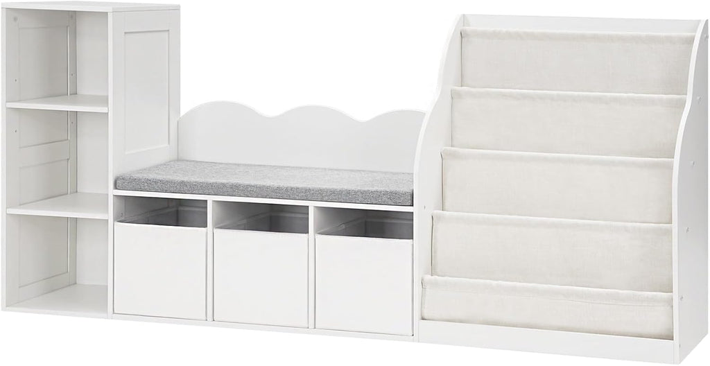 CHOEZON 66.9' Kids Bookshelf with Reading Nook, 3-in-1 Kids Bookcase with Cushion and Sling Shelf, Toy Chest Storage with Fabric Drawers, Reading Nook for Kids, for Playroom, Nursery, White MCW08WB