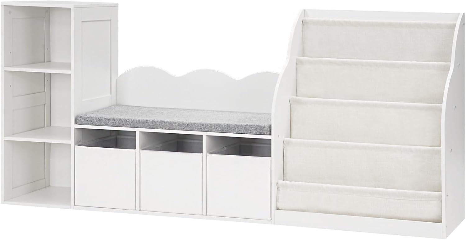CHOEZON 66.9' Kids Bookshelf with Reading Nook, 3-in-1 Kids Bookcase with Cushion and Sling Shelf, Toy Chest Storage with Fabric Drawers, Reading Nook for Kids, for Playroom, Nursery, White MCW08WB
