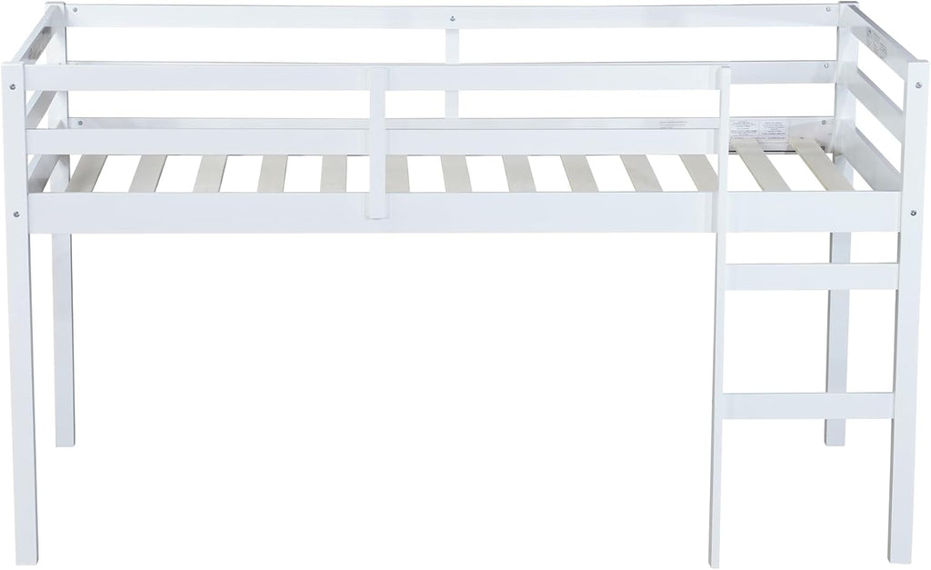 JIVOIT Wood Low Loft Bed Frame with Ladder, Solid Rubber Wooden Twin Loft Bed, Bed Platform of Strengthened Slats, Space Saving Design, No Box Spring Needed (White,104)
