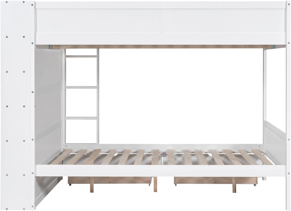 Full Over Full Bunk Bed with Bookcase, Wood Bunk Bed Frame with 2 Drawers and Multi-Layer Cabinet Storage Shelves, Bed with High Guardrails for Kids Teens (White, Full)