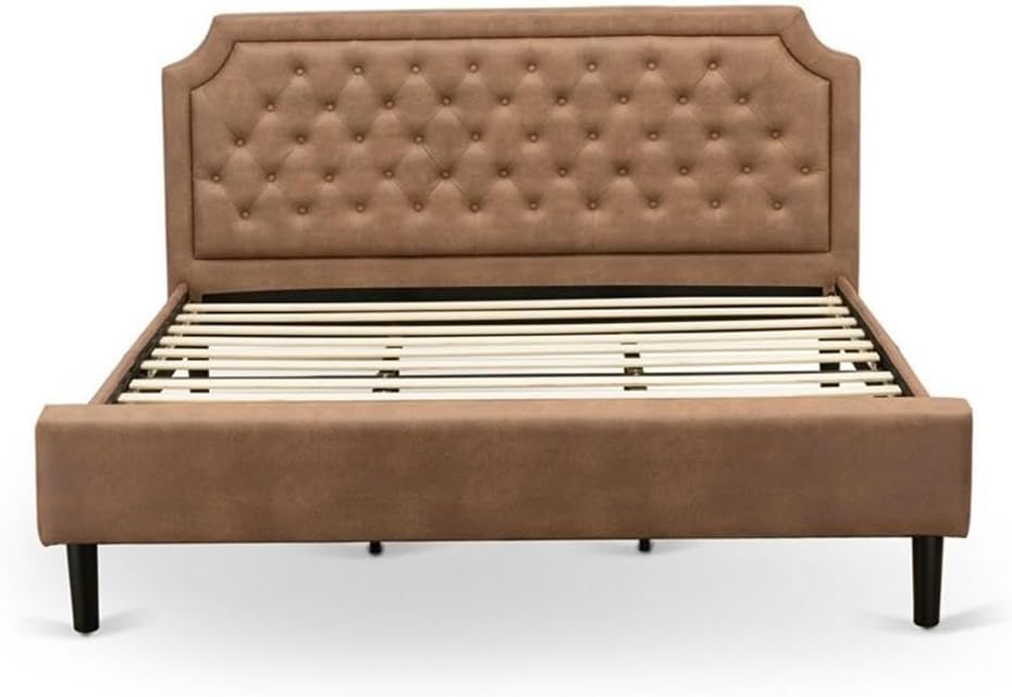 East West Furniture GB28K-2HI07 3-Piece Granbury Bedroom Set with Button Tufted King Size Bed and 2 Distressed Jacobean Small Nightstands - Brown faux Leather with Brown Texture and Black Legs