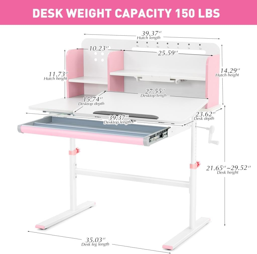 COSVALVE 39in Wide Adjustable Height Kids Desk with Tilting Desktop, Steel Frame, Drawer, and Bookshelf Hutch, Study Child Table for Ages 3-12, Pink
