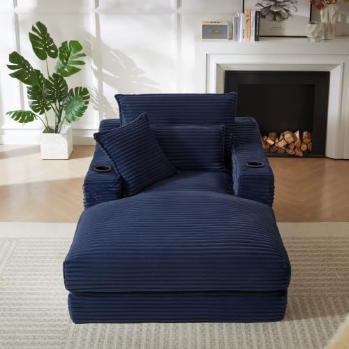 HRVEOCEI 47.2' Oversized Chaise Lounge Chair Indoor, Corduroy Boneless Chaise Lounge with 2 Pillows, Comfy Reading Chair with Ottoman, Black Sleeper Chairs for Adults Living Room Bedroom (Blue 47.2)