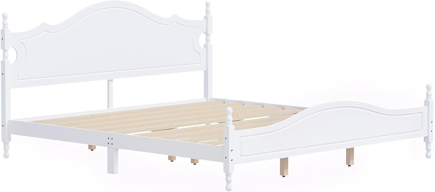 JIVOIT Retro Style Platform Bed with Headboard and Footboard, King Size Wood Platform Bed Frame with Wooden Slat Support, Solid Wood Foundation, No Box Spring Required (White,King,5)