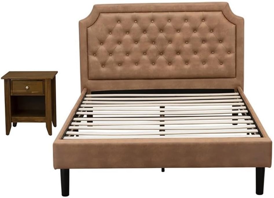East West Furniture GB28F-1GA08 2-Piece Granbury Wooden Set for Bedroom with Button Tufted Platform Bed and an Antique Walnut Wood Nightstand - Brown faux Leather with Brown Texture and Black Legs