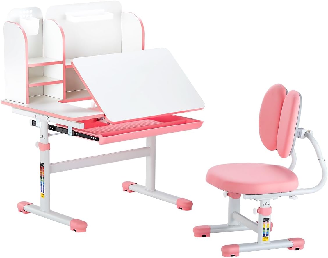VEVOR Kids Study Chair and Desk Set, Study Desk and Chair for Kids with Bookshelf & Storage Drawer, Adjustable Height & 0-40° Tilted Desktop Desk and Chair, Study Table for Bedroom & Study Room, Pink