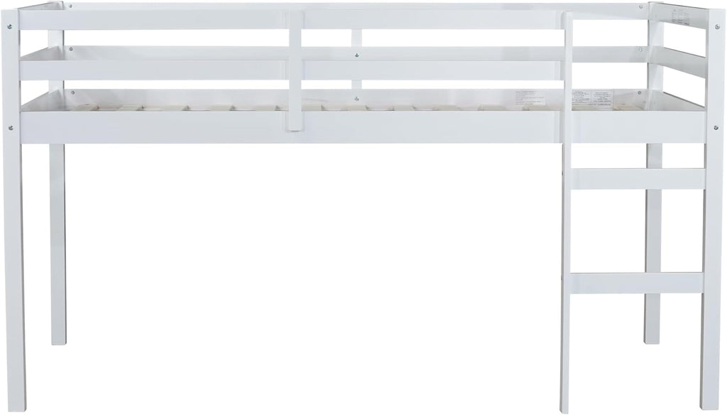 JIVOIT Wood Low Loft Bed Frame with Ladder, Solid Rubber Wooden Twin Loft Bed, Bed Platform of Strengthened Slats, Space Saving Design, No Box Spring Needed (White,104)
