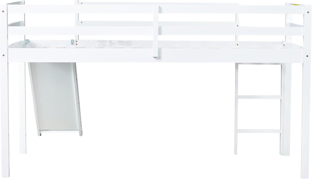 JIVOIT Twin Size Low Loft Bed with Slide and Ladder, Rubber Wood Twin Loft Bed with Under Bed Storage Space, Wood Slats Support, No Box Spring Needed (White/407)