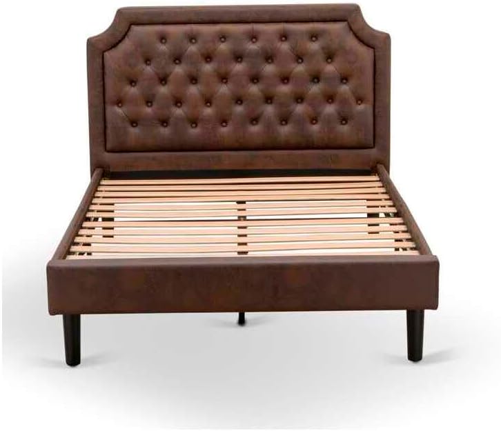 HomeStock Earthy Elegance 2 Piece Platform Wooden Set for Bedroom with a Full Bed and 1 Wirebrushed Black Night Stands Dark Brown Faux Leather with Black Texture and Black Legs