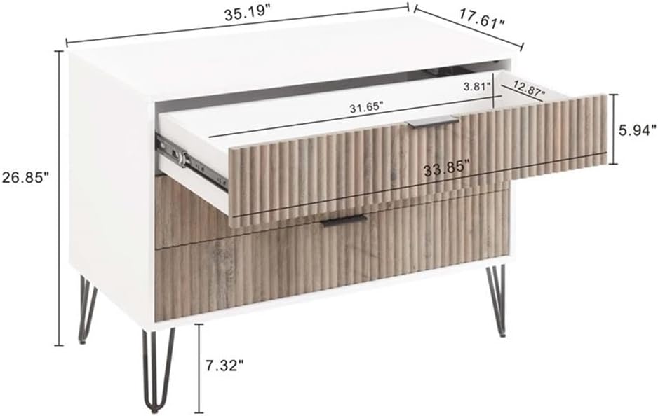 Pemberly Row 2-Piece Bedroom Storage Set, 3-Drawer Dresser 35.19' L & Nightstand 20.07' L, MDF Engineered Wood, Multi-Color Finish, Vertical Ribbed Texture, Black Metal Legs, Modern Glam Style