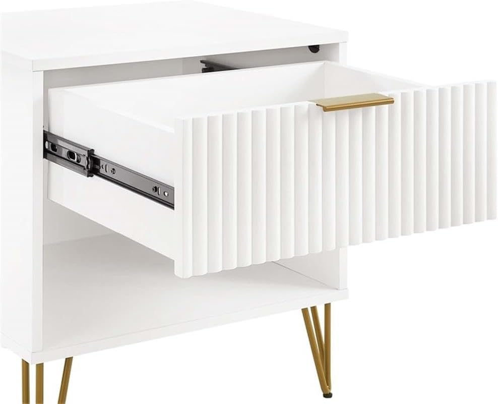 Pemberly Row 2-Piece Bedroom Dresser and Nightstand Set, MDF Construction, White Finish, Vertical Ribbed Drawers, Gold Metal Handles and Splayed Legs, Bedroom Storage Furniture, 55.26 in Dresser
