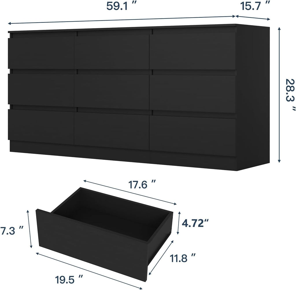 Black 9 Drawer Dresser for Bedroom,Modern Deep Drawer Dresser with No-Handle Design,Wide Storage Chest of Drawers,Wood Bedroom Storage Organizer Furniture for Closet,Hallway