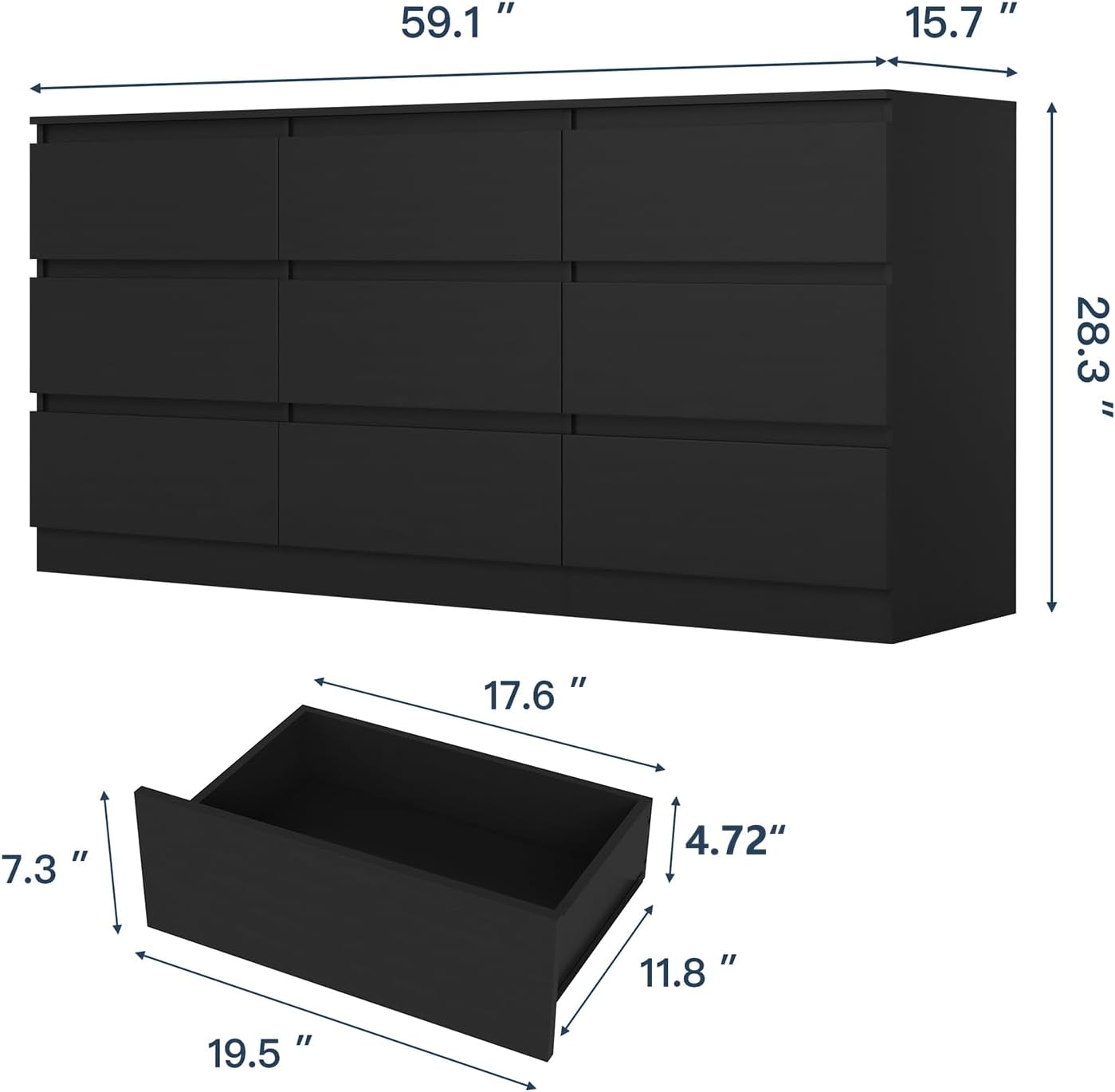 Black 9 Drawer Dresser for Bedroom,Modern Deep Drawer Dresser with No-Handle Design,Wide Storage Chest of Drawers,Wood Bedroom Storage Organizer Furniture for Closet,Hallway
