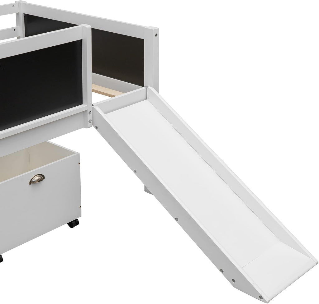 JIVOIT Twin Size Low Loft Bed with Climbing Frame & Rope, Wood Loft Bed Frame with Two Storage Boxes, Slide and Double-Sided Chalkboard, Pine Wood Bed Frame for Kids Teens (White+Rope)