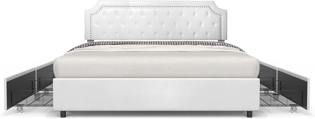 BONSOIR King Size Storage Bed Frame Upholstered Low Profile Traditional Platform with Tufted and Nail Headboard/4 Pull Out Drawers/White Faux Leather