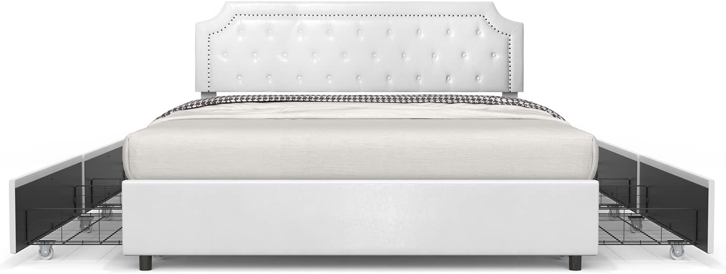 BONSOIR King Size Storage Bed Frame Upholstered Low Profile Traditional Platform with Tufted and Nail Headboard/4 Pull Out Drawers/White Faux Leather