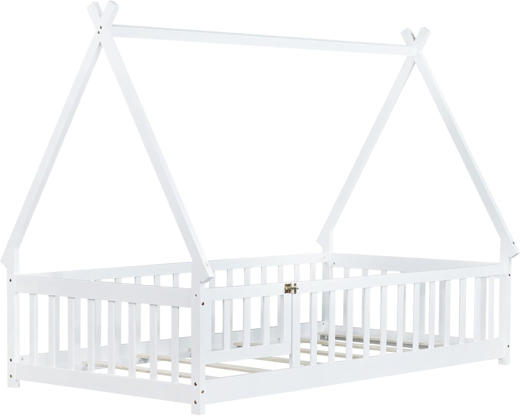 Bellemave Twin Size Tent Floor Bed for Kids,Solid Wood Teepee Montessori Floor Bed Frame with Door and Slats for Girls Boys(Twin,White)