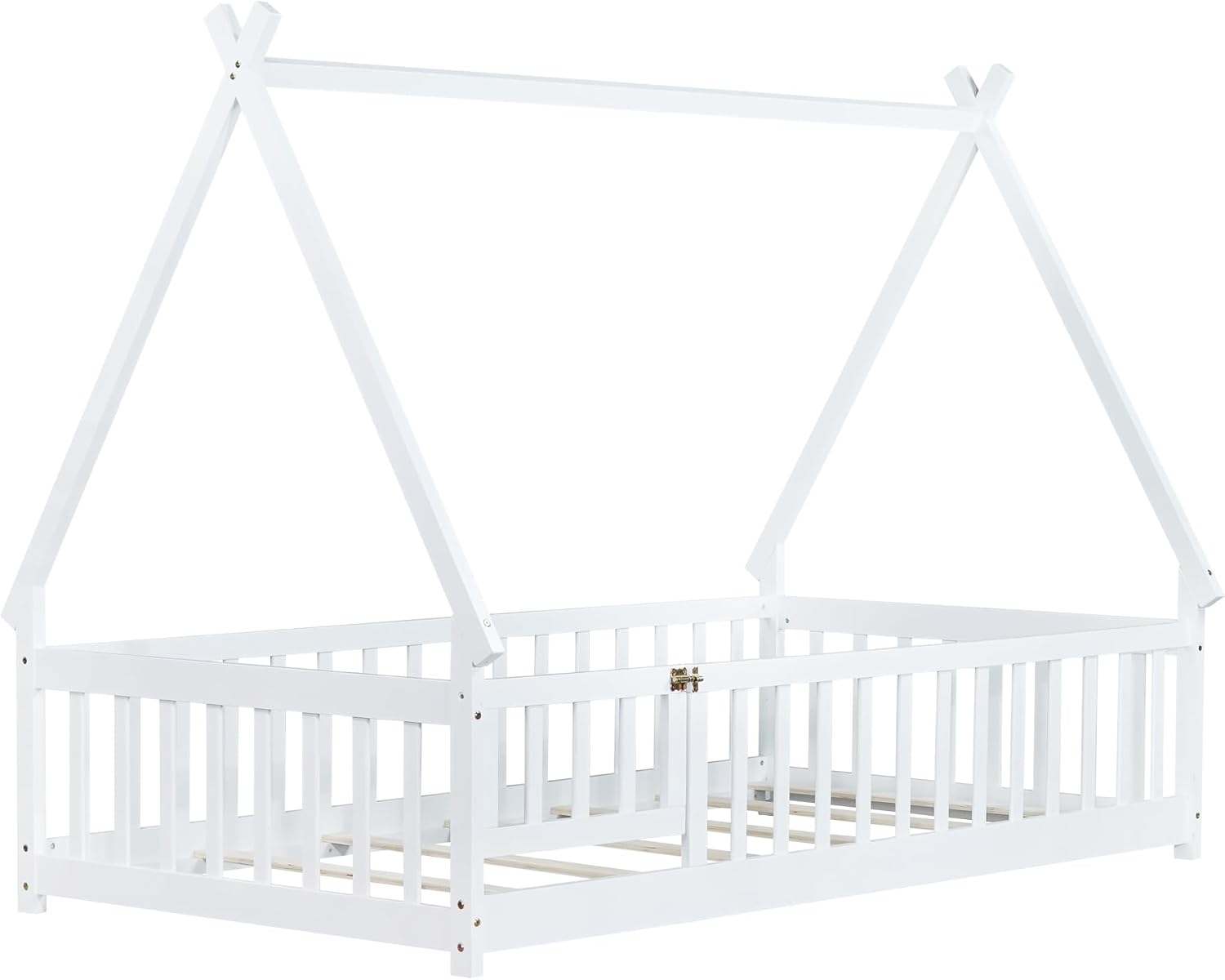 Bellemave Twin Size Tent Floor Bed for Kids,Solid Wood Teepee Montessori Floor Bed Frame with Door and Slats for Girls Boys(Twin,White)