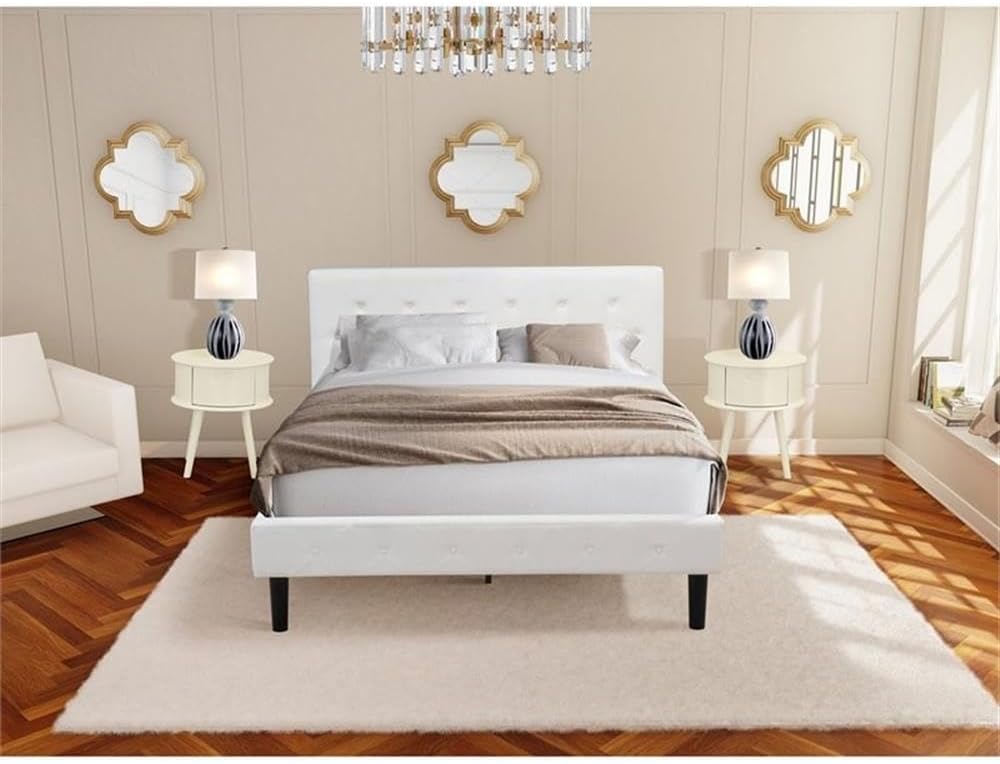 East West Furniture NL19Q-2GO05 3 Piece Queen Bed Set - Button Tufted Bed - Linen white Velvet Fabric Upholstered Headboard and a Linen white Finish Nightstand