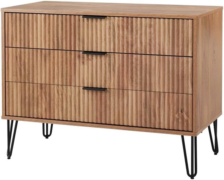 Pemberly Row 2-Piece Bedroom Set, 3-Drawer Dresser & 1-Drawer Nightstand, Golden Brown MDF, Ribbed Drawer Front, Black Metal Handles & Legs, Soft Close, Modern Storage for Bedroom Use