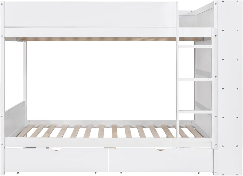 Full Over Full Bunk Bed with Bookcase, Wood Bunk Bed Frame with 2 Drawers and Multi-Layer Cabinet Storage Shelves, Bed with High Guardrails for Kids Teens (White, Full)