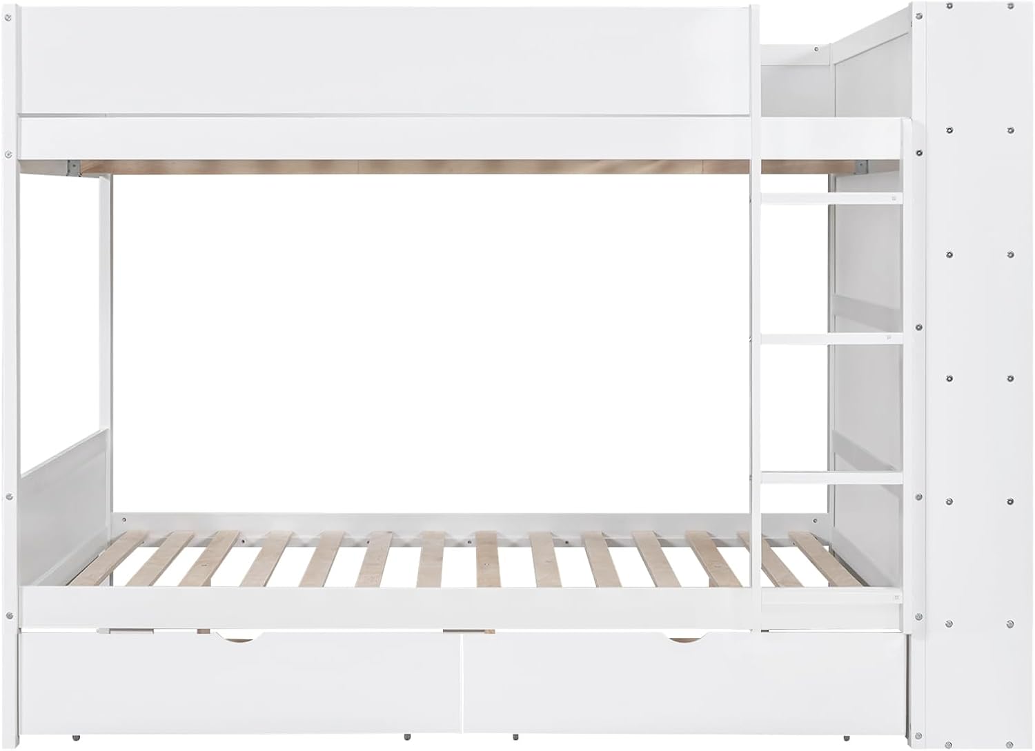 Full Over Full Bunk Bed with Bookcase, Wood Bunk Bed Frame with 2 Drawers and Multi-Layer Cabinet Storage Shelves, Bed with High Guardrails for Kids Teens (White, Full)