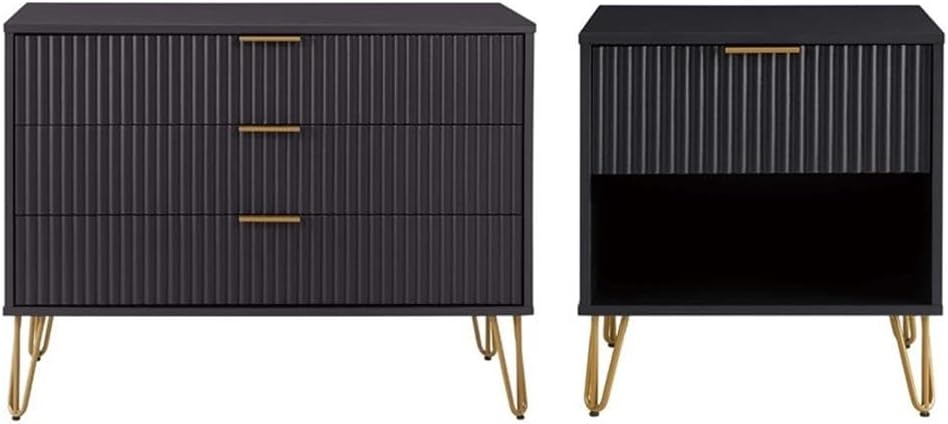 Pemberly Row 2-Piece Bedroom Set, Standard 3-Drawer Dresser and Nightstand, MDF Frame, Black Finish, Textured Ribbed Drawer Fronts, Gold Metal Handles, Splayed Legs, Perfect for Bedroom Storage