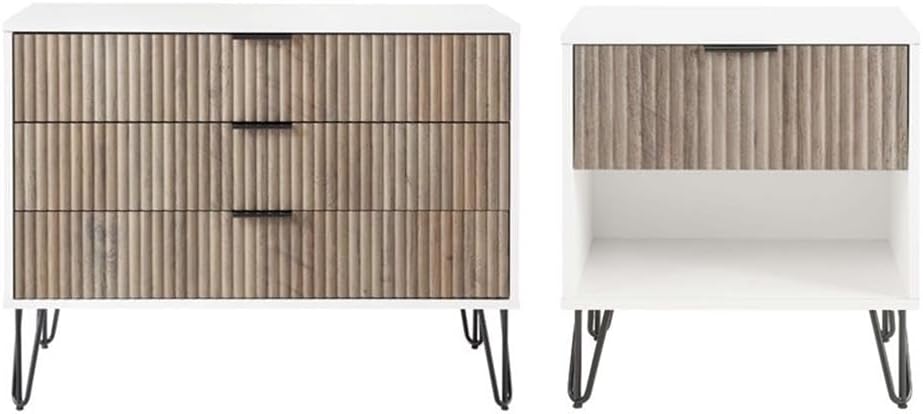 Pemberly Row 2-Piece Bedroom Storage Set, 3-Drawer Dresser 35.19' L & Nightstand 20.07' L, MDF Engineered Wood, Multi-Color Finish, Vertical Ribbed Texture, Black Metal Legs, Modern Glam Style