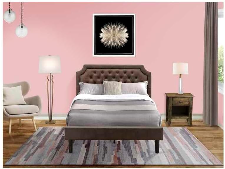 HomeStock Antique Ambiance 2 Piece Bedroom Set with Button Tufted Full Bed Frame and a Distressed Jacobean End Tables Dark Brown Faux Leather with Black Texture and Black Legs