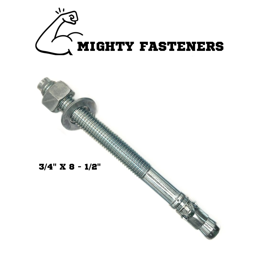 MIGHTY FASTENERS Zinc-Plated Steel Wedge Anchors, 3/4' X 8 1/2' - Heavy-Duty Mounting Bolts for Concrete - 25 Pack