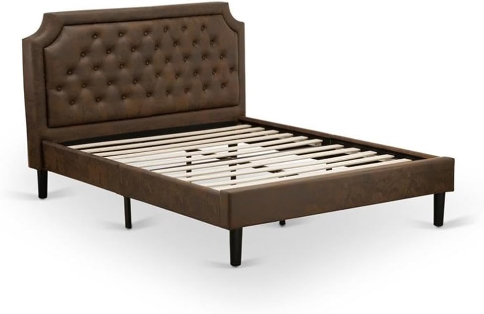 East West Furniture GB25Q-1GA07 2-Piece Granbury Wooden Set for Bedroom with Button Tufted Modern Bed and 1 Distressed Jacobean Night Stand - Dark Brown faux Leather with Black Texture and Black Legs