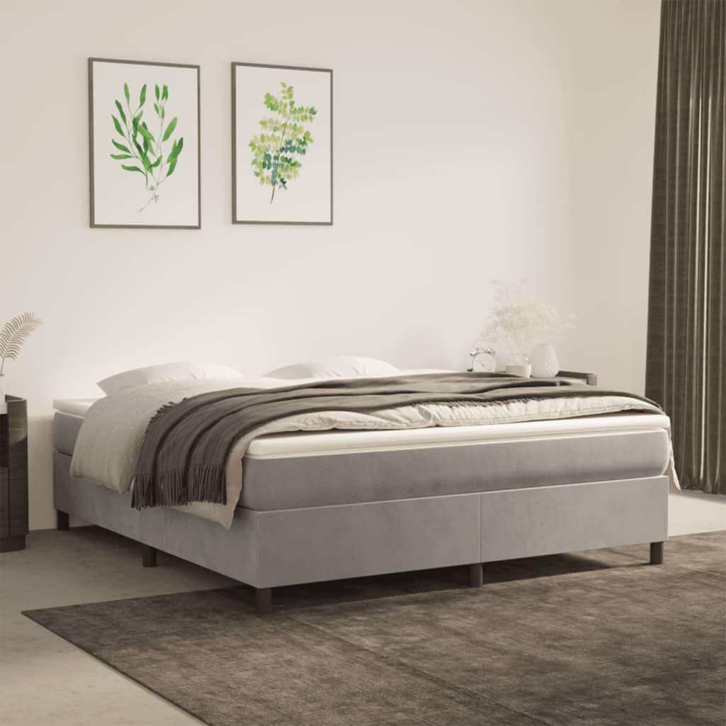 California King Bed Frame Light Gray Velvet Upholstery with Engineered Wood Strong Frame and Plywood Slats for Optimal Support and Modern Style