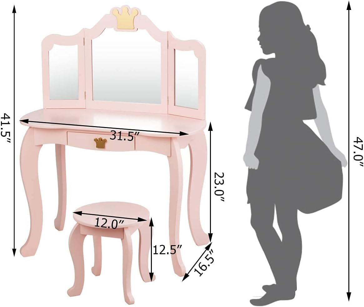HONEY JOY 2 Piece Kids Vanity Set & Jewelry Armoire Cabinet, Crown Wooden Makeup Table & Chair Set, Dress Up Jewelry Organizer w/Full-Length Mirror, Kids Bedroom Furniture for Girls Playroom (Pink)
