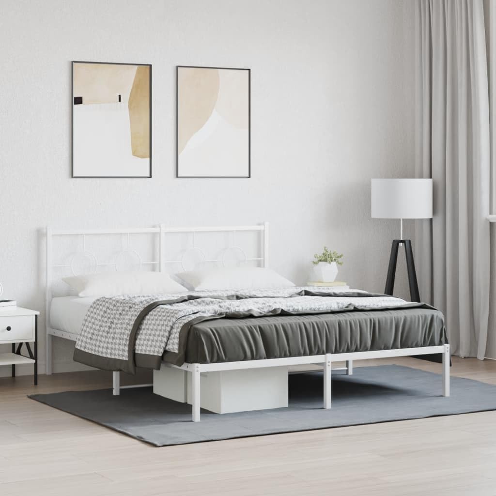 Industrial Metal Bed Frame with Headboard, White Powder-Coated Steel King Size 59x79 Inches, Heavy-Duty Construction and Breathable Design for Stable Support and Airflow