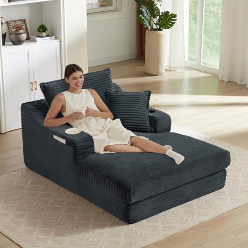 47.2' Oversized Chaise Lounge Chair Indoor, Corduroy Boneless Chaise Lounge with 2 Pillows, Comfy Reading Chair with Ottoman, Black Sleeper Chairs for Adults Living Room Bedroom (Dark Grey 47.2)