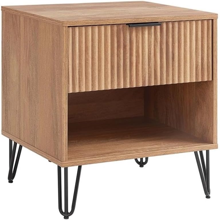 Pemberly Row 2-Piece Bedroom Set, 3-Drawer Dresser & 1-Drawer Nightstand, Golden Brown MDF, Ribbed Drawer Front, Black Metal Handles & Legs, Soft Close, Modern Storage for Bedroom Use