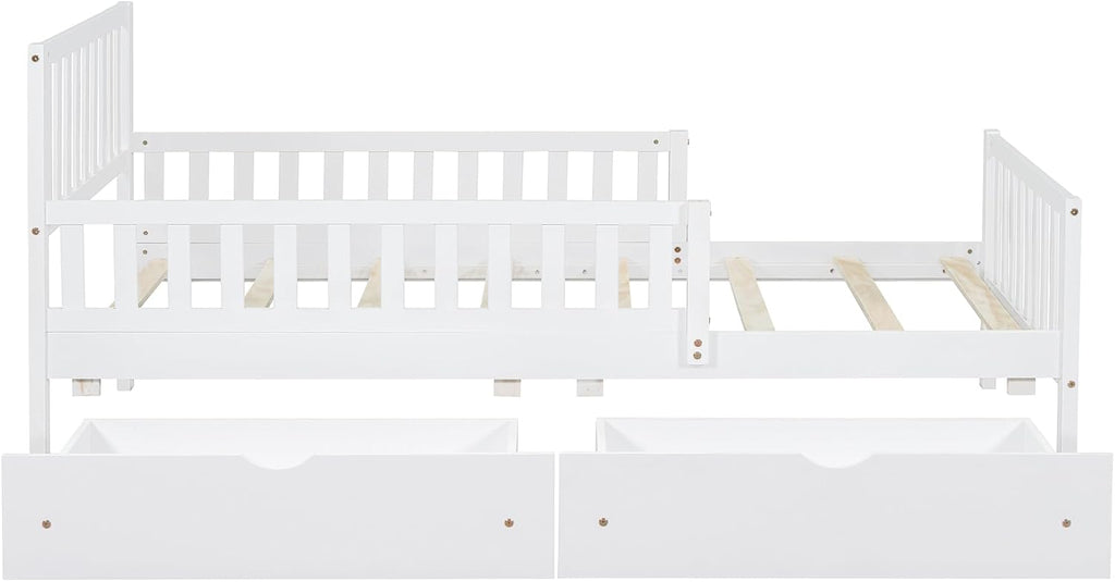 Kids Twin Size Bed Frame with Storage Drawers, Wood Twin Bed Frames for Kids, Twin Bed Frame with Headboard and Footboard for Boys Girls, No Box Spring Needed,White