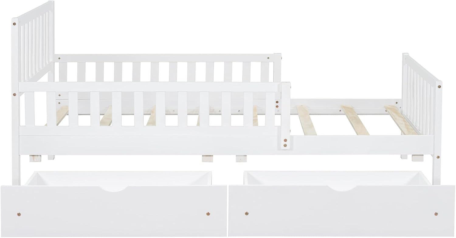 Kids Twin Size Bed Frame with Storage Drawers, Wood Twin Bed Frames for Kids, Twin Bed Frame with Headboard and Footboard for Boys Girls, No Box Spring Needed,White