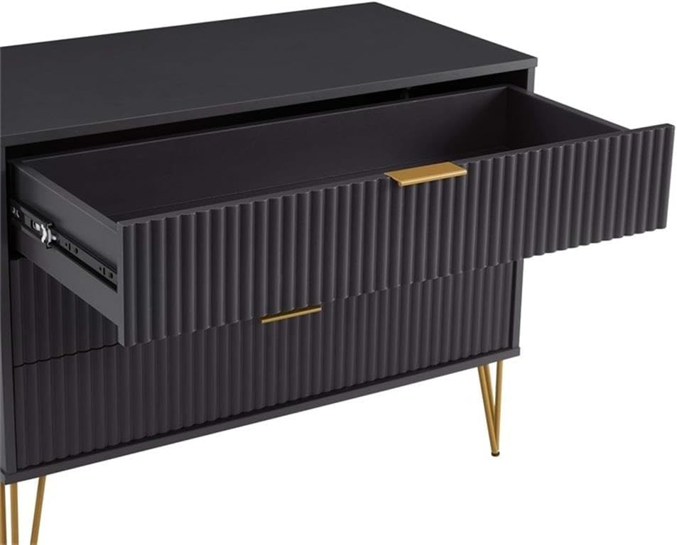 Pemberly Row 2-Piece Bedroom Set, Standard 3-Drawer Dresser and Nightstand, MDF Frame, Black Finish, Textured Ribbed Drawer Fronts, Gold Metal Handles, Splayed Legs, Perfect for Bedroom Storage