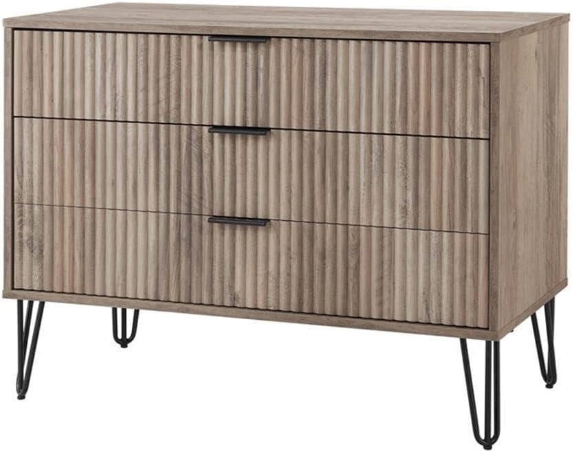 Pemberly Row 2-Piece Bedroom Set, Standard 3-Drawer Dresser and 1.0 Nightstand, Light Gray Finish, MDF Material, Full Extension Drawers, Ribbed Texture, Metal Handles, Splayed Legs, Storage for