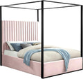 MAKLAINE Contemporary Solid Wood Queen Canopy Bed, Pink Velvet Upholstery, Matte Black Finish, Deep Channel Tufting, Full Slats, 66.5' W x 86.5' D x 78.5' H, Elegant Bedroom Furniture