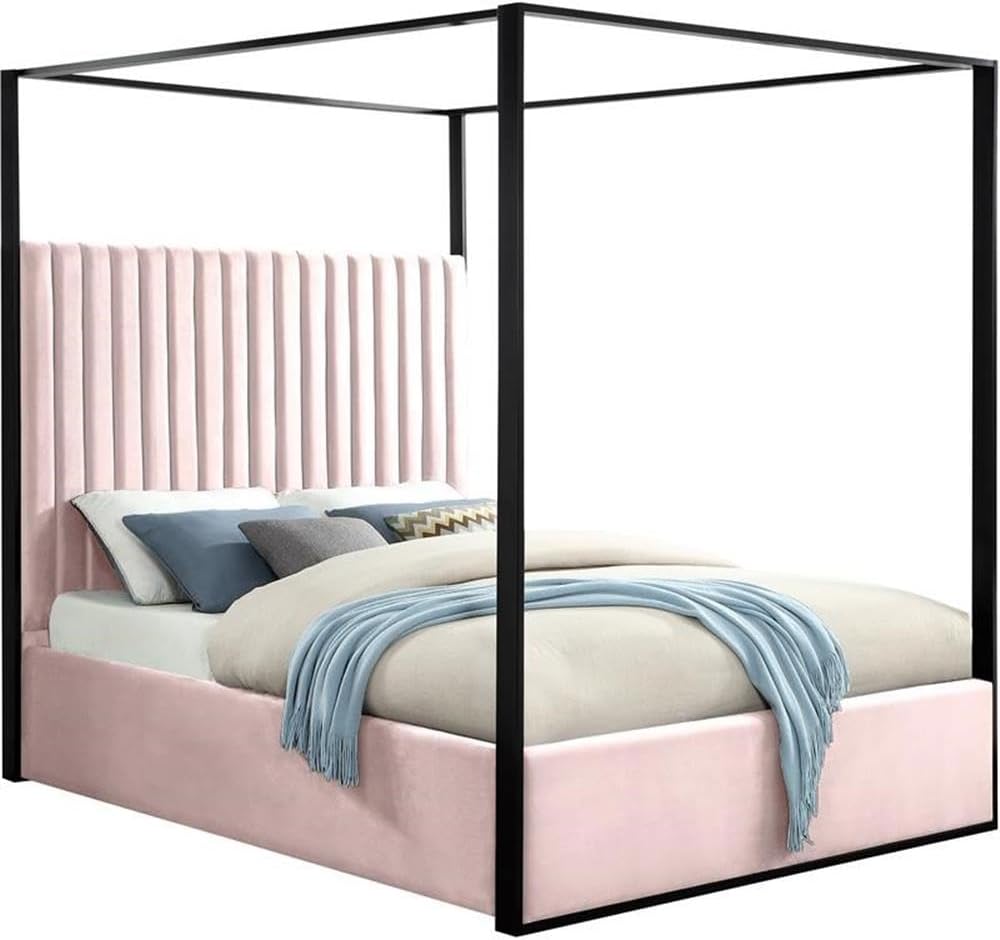 MAKLAINE Contemporary Solid Wood Queen Canopy Bed, Pink Velvet Upholstery, Matte Black Finish, Deep Channel Tufting, Full Slats, 66.5' W x 86.5' D x 78.5' H, Elegant Bedroom Furniture