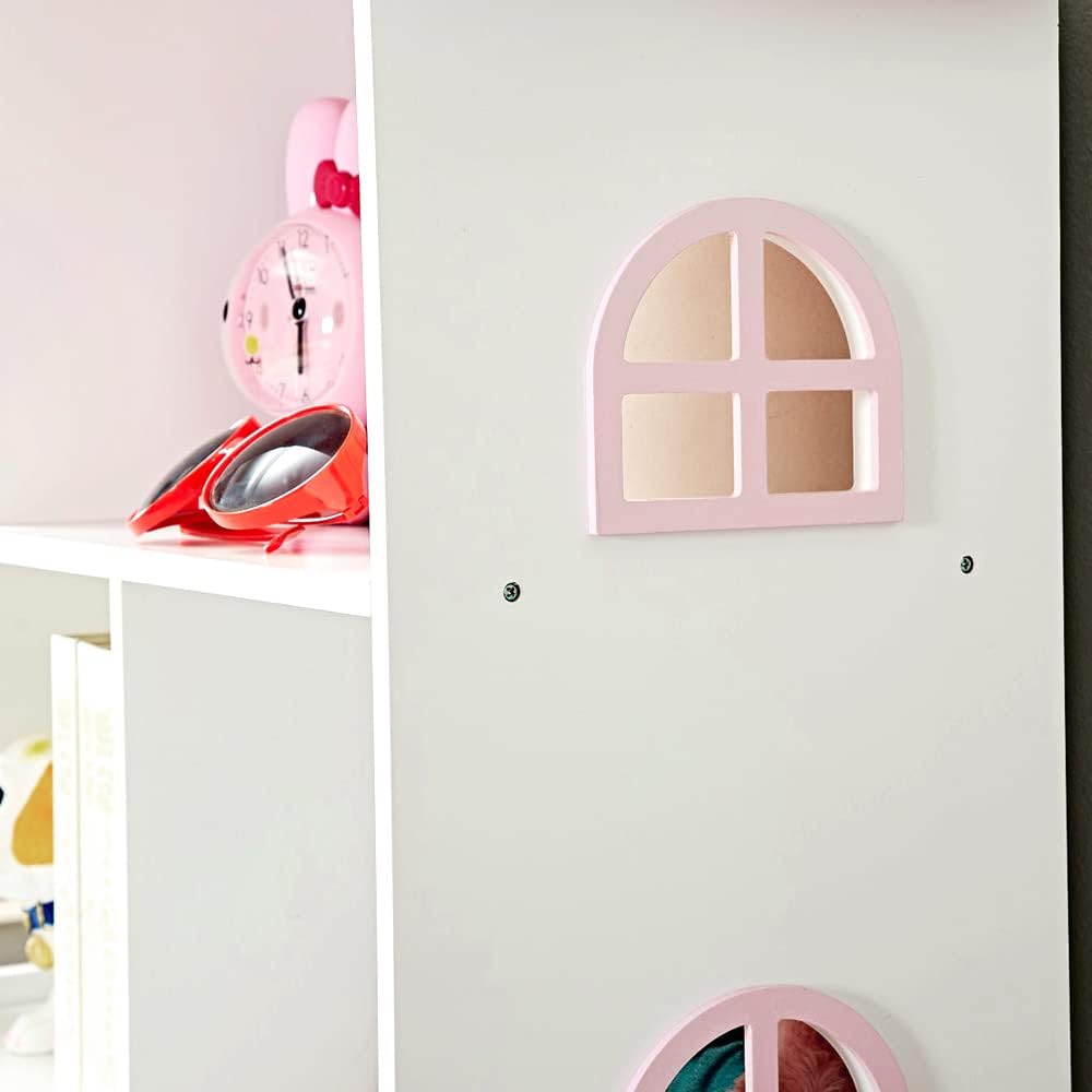 Wooden Dollhouse Bookshelf 3-Tier Doll House Bookcase Kids Books Toys Storage Organizer Shelves for Children's Bedroom Playroom Kindergarten Nursery Gift for Boys Girls Ages 3-8 Years Old