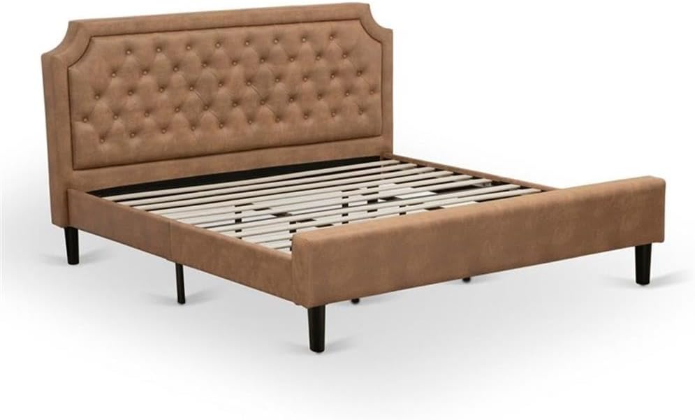 East West Furniture GB28K-2HI07 3-Piece Granbury Bedroom Set with Button Tufted King Size Bed and 2 Distressed Jacobean Small Nightstands - Brown faux Leather with Brown Texture and Black Legs