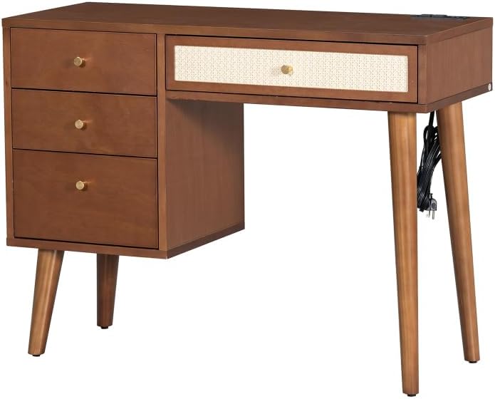 3 Pieces Bedroom Set with Full Size Wooden Bed Frame, 1 Vintage Nightstand and 1 Makeup Vanity Set with Stool,Black (Walnut + Wood + Full + 3 Piece Set)